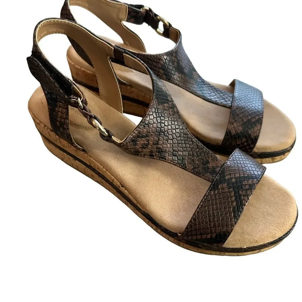 Gianni Bernini Terril Wedge Sandals Women 10M Brown Snakeskin Strappy Cork Heels